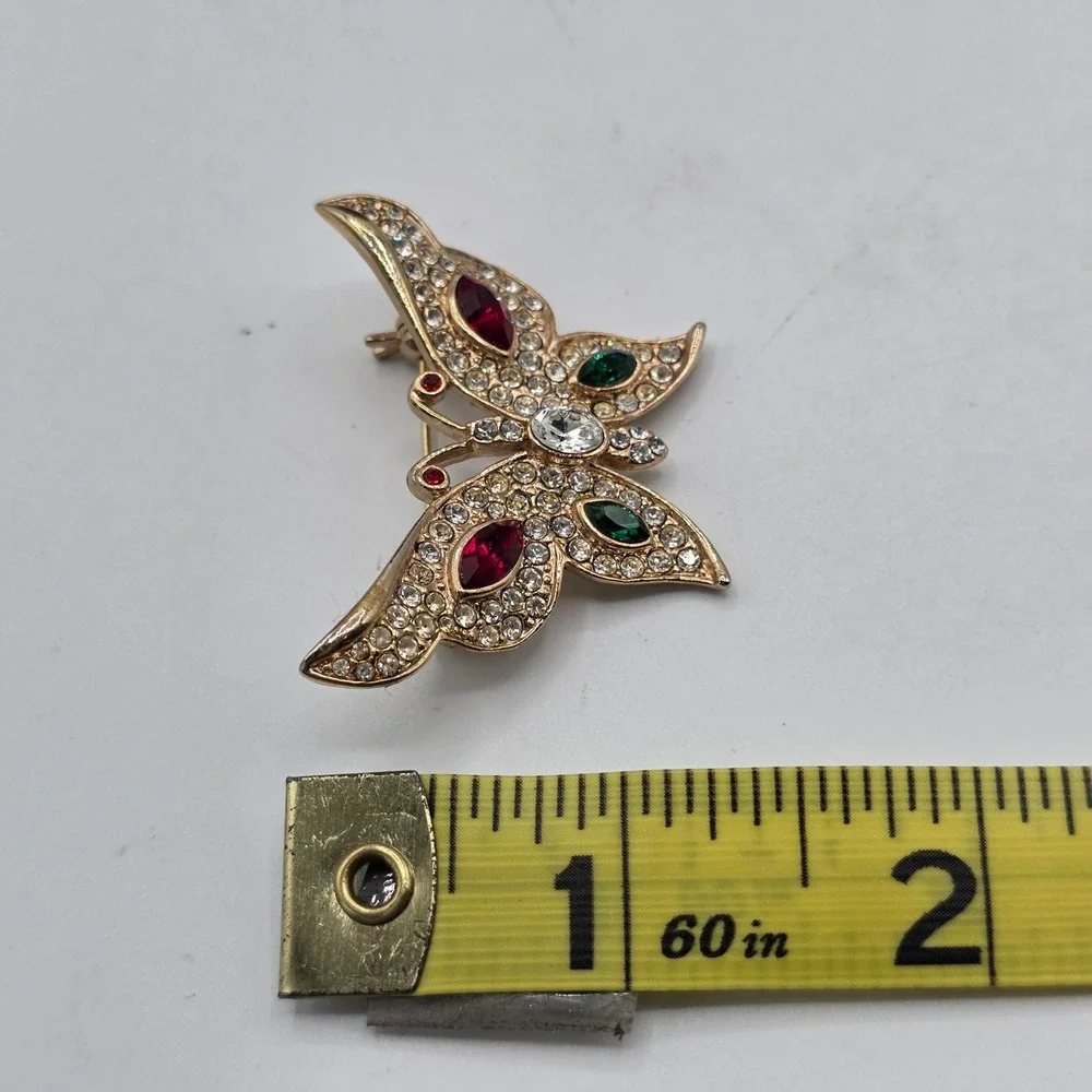 Vintage Gold Tone Butterfly Brooch Red Green Clear Rhinestone Pave Pin